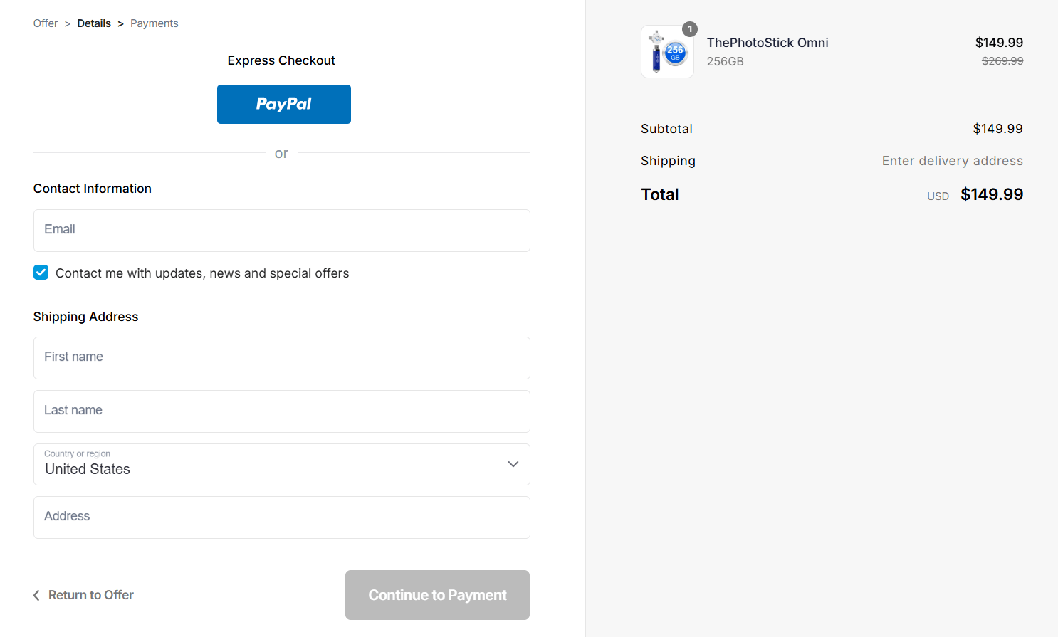 ThePhotoStick OMNI checkout page